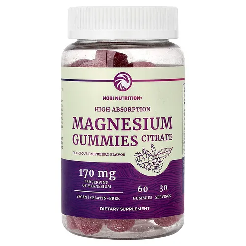 Nobi Nutrition, Gomitas de citrato de magnesio, Alta absorción, Frambuesa, 60 gomitas (85 mg por gomita)