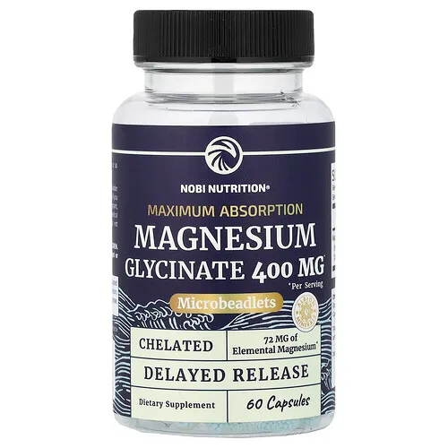 Nobi Nutrition, Glicinato de magnesio, Máxima absorción, 60 cápsulas (200 mg por cápsula)