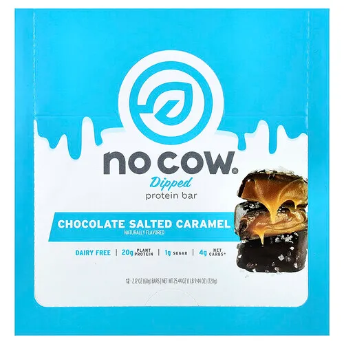 No Cow, Barrita proteica bañada, Chocolate con caramelo salado, 12 barritas, 60 g (2,12 oz) cada una