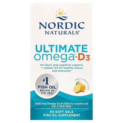 Nordic Naturals, Ultimate Omega®-D3, Suplemento de aceite de pescado con omega-3 y vitamina D3, Limón, 60 cápsulas blandas