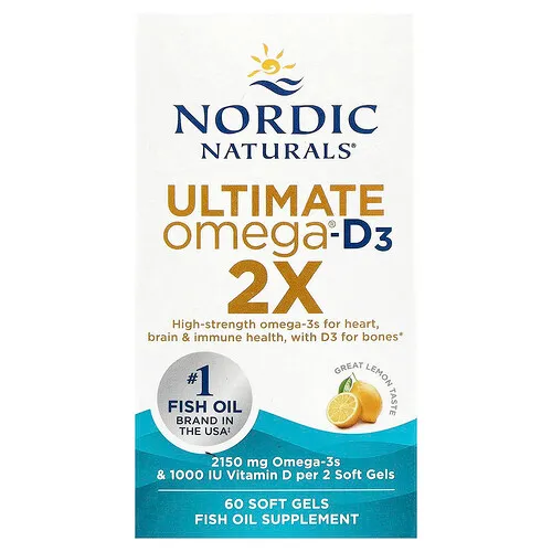 Nordic Naturals, Ultimate Omega®-D3 2X, Suplemento de aceite de pescado con omega-3 y vitamina D3, Limón delicioso, 60 cápsulas blandas