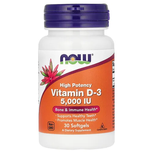 NOW Foods, Vitamina D3, Alta potencia, 5000 UI, 30 cápsulas blandas