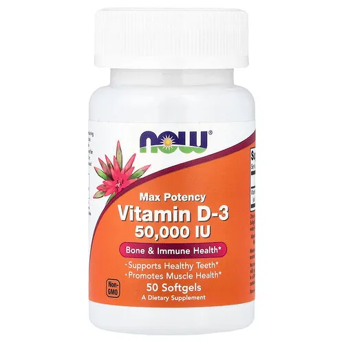 NOW Foods, Vitamina D3, Máxima potencia, 50.000 UI, 50 cápsulas blandas