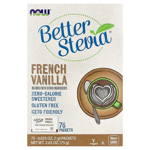 NOW Foods, BetterStevia®, Endulzante sin calorías, Vainilla francesa, 75 sobres, 1 g (0,035 oz) cada uno