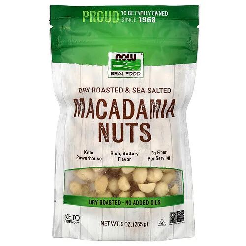 NOW Foods, Real Food, Nueces de macadamia, Tostadas en seco con sal marina, 255 g (9 oz)