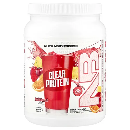 NutraBio, Proteína transparente en polvo, Aislado de proteína de suero de leche, Ponche de frutas, 511 g (1,1 lb)