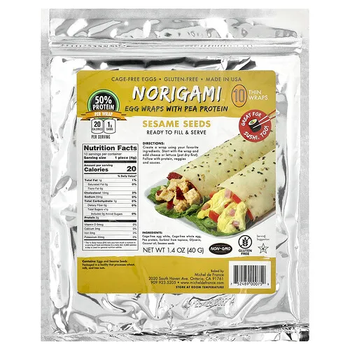 Norigami, Envolturas de huevo con proteína de guisante, Semillas de sésamo, 10 envolturas finas, 40 g (1,4 oz)