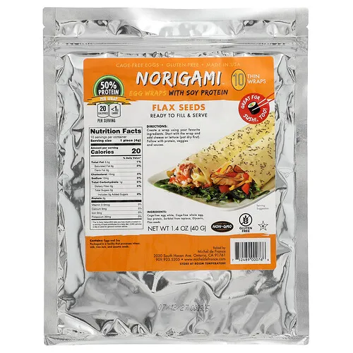 Norigami, Envolturas de huevo con proteína de soya, Semillas de lino, 10 envolturas finas, 40 g (1,4 oz)