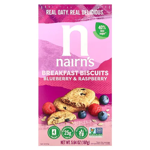 Nairn's, Galletas para el desayuno, Arándano azul y frambuesa, 160 g (5,64 oz)