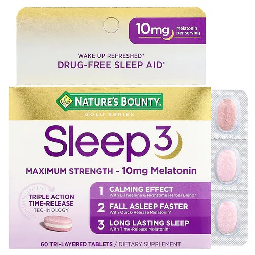 Nature's Bounty, Sleep 3, Máxima acción, ayuda para dormir sin fármacos, 60 comprimidos tricapa.