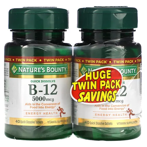 Nature's Bounty, Vitamina B12, Envase doble, Sabor natural a cereza, 5000 mcg, 40 comprimidos de rápida disolución en cada uno