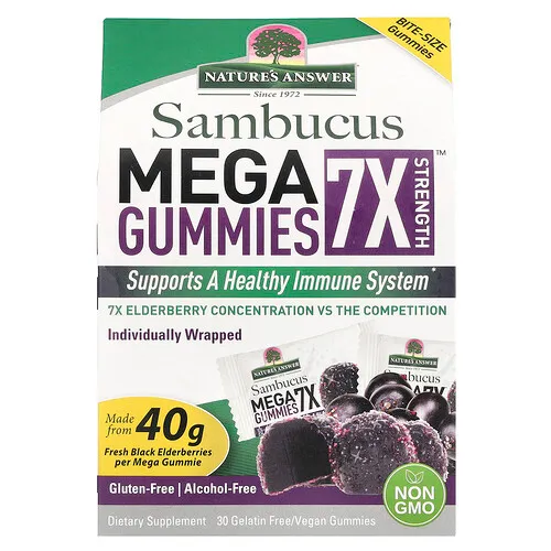 Nature's Answer, Megagomitas de Sambucus 7X Strength™, 202 mg, 30 gomitas sin gelatina/veganas