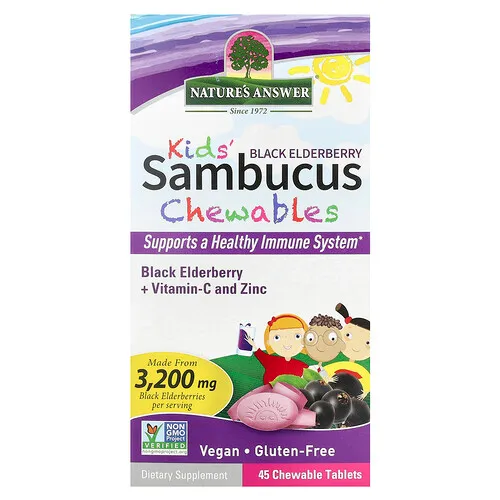 Nature's Answer, Sambucus, Comprimidos masticables para niños, Saúco negro más vitamina C y zinc, 45 comprimidos masticables
