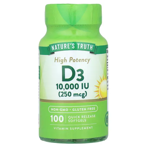 Nature's Truth, Vitamina D3 de alta potencia, 250 mcg (10.000 UI), 100 cápsulas blandas de liberación rápida