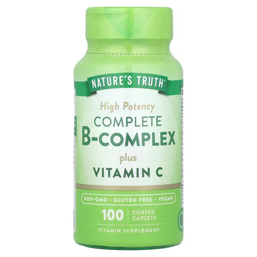 Nature's Truth, Complejo completo de vitaminas B más vitamina C, Alta potencia, 100 comprimidos en comprimidos oblongos recubiertos