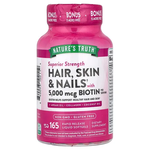 Nature's Truth, Suplemento para favorecer el cabello, la piel y las uñas con biotina, Concentración superior, 165 cápsulas blandas con contenido líquido de liberación rápida