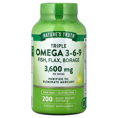 Nature's Truth, Triple omega-3, -6 y -9, Pescado, linaza y borraja, 200 cápsulas blandas de liberación rápida