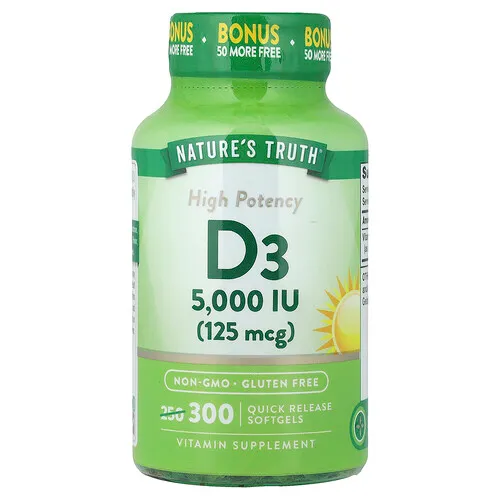 Nature's Truth, Vitamina D3, 125 mcg (5000 UI), 300 cápsulas blandas de liberación rápida
