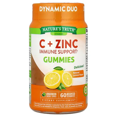 Nature's Truth, Vitamina C y zinc, Gomitas de refuerzo inmunitario, Limón natural, 60 gomitas veganas