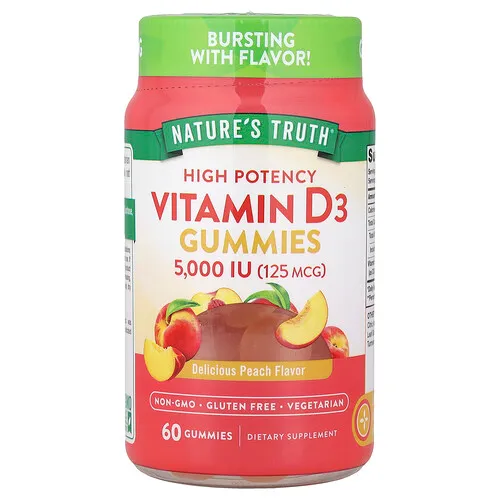 Nature's Truth, Gomitas con vitamina D3, Alta potencia, Melocotón delicioso, 125 mcg (5000 UI), 60 gomitas