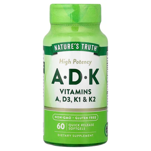 Nature's Truth, Vitaminas A, D y K, Alta potencia, 60 cápsulas blandas de liberación rápida