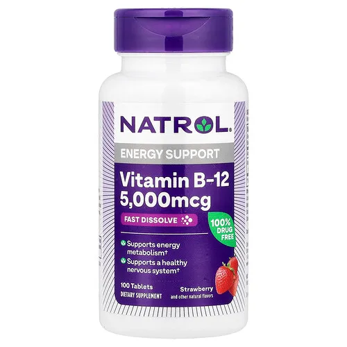 Natrol, Vitamina B12, Disolución rápida, Concentración máxima, Fresa, 5000 mcg, 100 comprimidos
