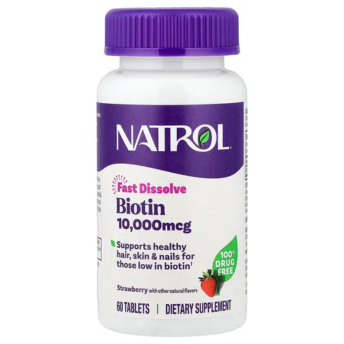 Natrol, Biotina, Disolución rápida, fresa, 10.000 mcg, 60 comprimidos