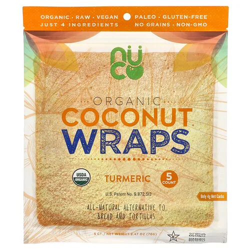 NUCO, Tortillas de coco orgánico, Cúrcuma, 5 piezas, 70 g (2,47 oz)