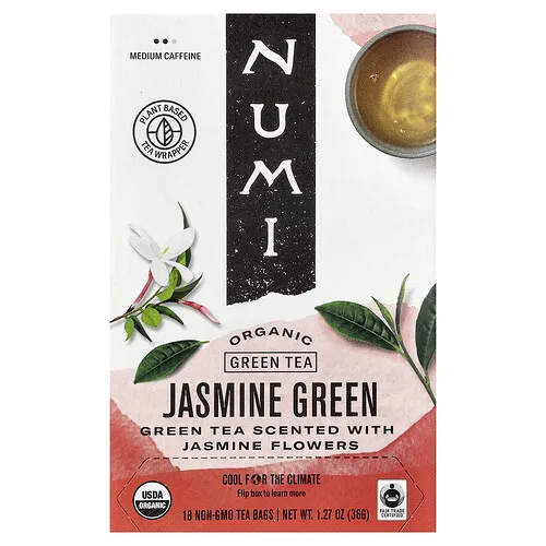 Numi Tea, Té verde orgánico, Verde jazmín, 18 bolsitas de té, 36 g (1,27 oz)