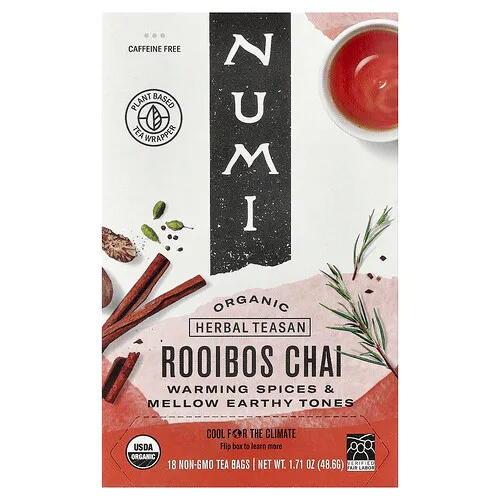 Numi Tea, Té de hierbas orgánicas, Rooibos chai, Sin cafeína, 18 bolsitas de té, 48,6 g (1,71 oz)