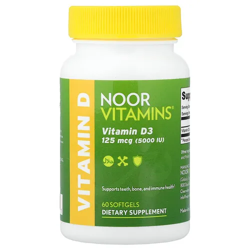 Noor Vitamins, Vitamina D3, 125 mcg (5,000 UI), 60 cápsulas blandas