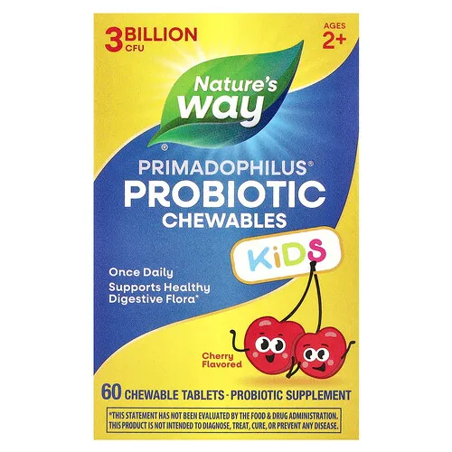 Nature's Way, Primadophilus®, Comprimidos masticables probióticos para niños, De 2 años en adelante, Cereza, 3000 millones de UFC, 60 comprimidos masticables