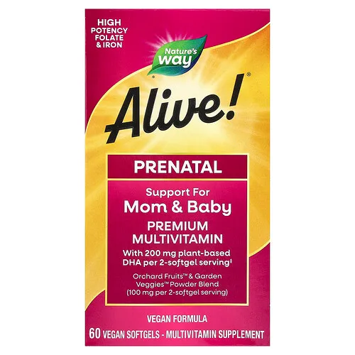 Nature's Way, Suplemento multivitamínico prenatal prémium Alive!®, Bayas, 60 cápsulas blandas veganas
