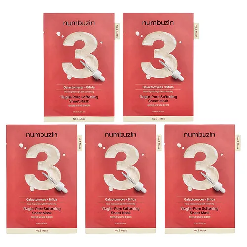 Numbuzin, Mascarilla de belleza suavizante para aliviar los poros con hormigueo n.º 3, 5 mascarillas, 27 ml (0,91 oz. líq.) cada una