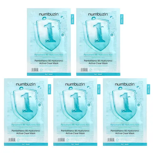 Numbuzin, N.º 1 Pantotenic B5, Mascarilla de belleza transparente con ácido hialurónico activo, 5 láminas, 26 ml (0,87 oz. líq.) cada una
