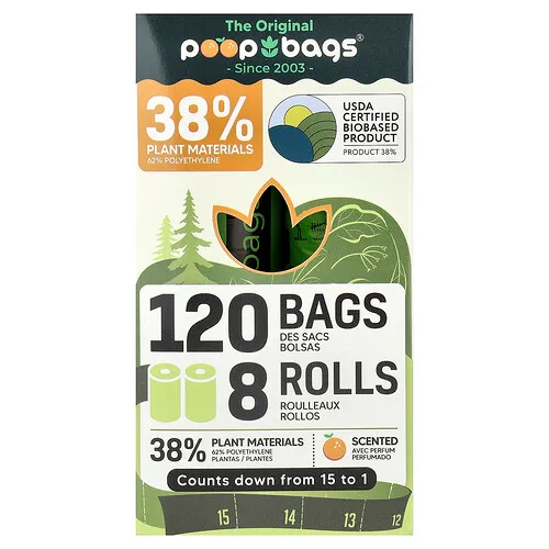 Original Poop Bags, Naranja, 8 rollos, 15 bolsas cada uno