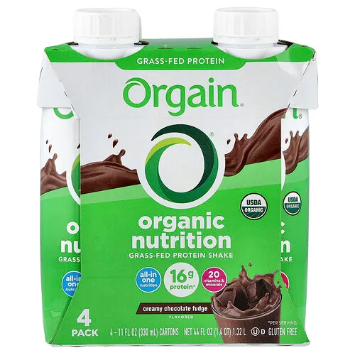 Orgain, Organic Nutrition, Batido de proteína proveniente de animales alimentados con pasturas, Ganache cremosa de chocolate, Paquete de 4 unidades, 330 ml (11 oz. líq.) cada una