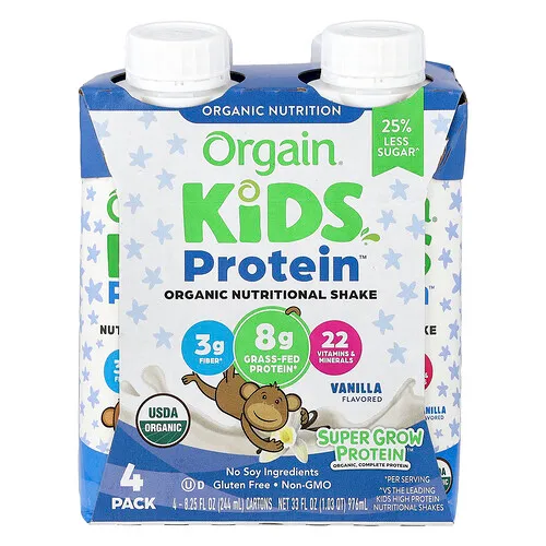 Orgain, Kids Protein™, Batido nutricional orgánico, Vainilla, Paquete de 4 unidades, 244 ml (8,25 oz. líq.) cada una