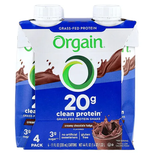 Orgain, Batido de proteína proveniente de animales alimentados con pasturas limpias, Dulce de chocolate cremoso, 4 paquetes, 330 ml (11 oz. líq.) cada uno