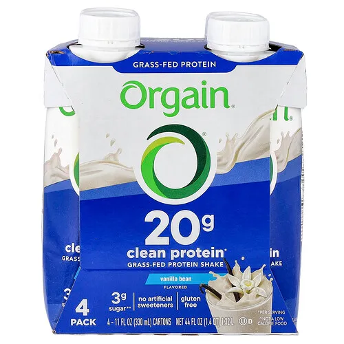 Orgain, Batido de proteína proveniente de animales alimentados con pasturas, Vaina de vainilla, 4 paquetes, 330 ml (11 oz. líq.) cada uno