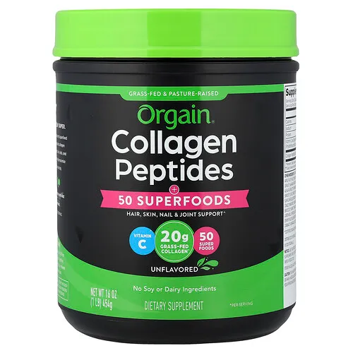 Orgain, Péptidos de colágeno, Más 50 superalimentos, Sin sabor, 454 g (1 lb)