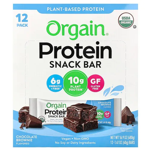 Orgain, Barrita proteica, Brownie de chocolate`` 12 barritas, 40 g (1,41 oz) cada una