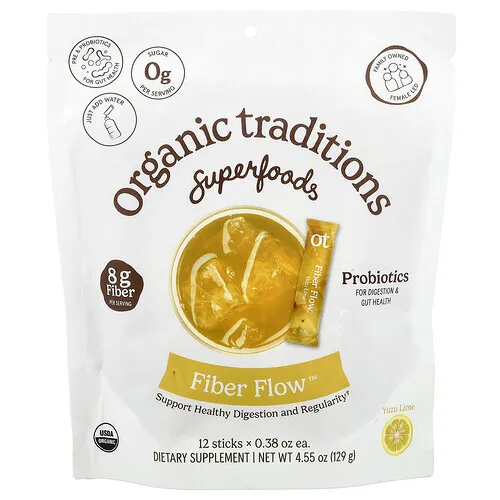 Organic Traditions, Fiber Flow™, Yuzu y lima, 12 sobrecitos, 10,75 g (0,38 oz) cada uno