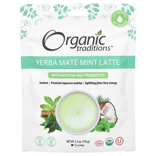 Organic Traditions, Latte de menta con yerba mate con matcha y probióticos, 150 g (5,3 oz)
