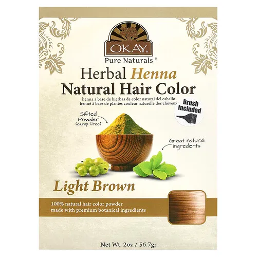 Okay Pure Naturals, Tintura para el cabello natural de henna herbaria, Marrón claro, 56,7 g (2 oz.)