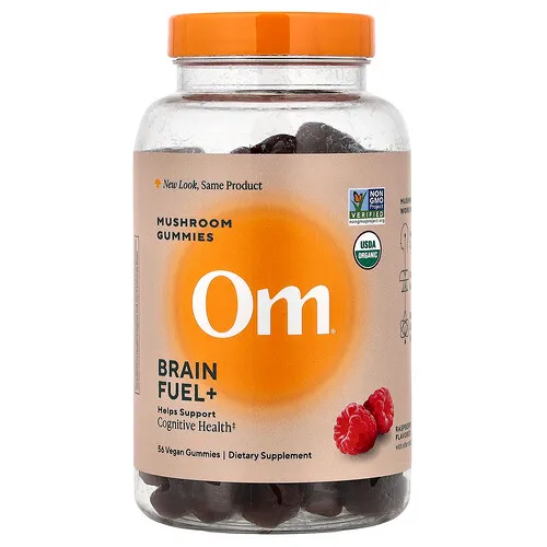 Om Mushrooms, Brain Fuel+, Gomitas de hongos, Frambuesa, 56 gomitas veganas