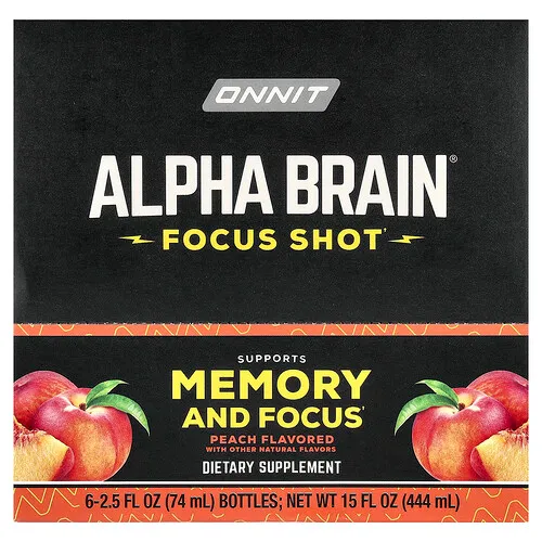 Onnit, Shot de concentración Alpha BRAIN®, Melocotón, 6 envases, 74 ml (2,5 oz. líq.) cada uno