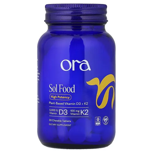 Ora, Sol Food, Vitaminas D3 y K2 de origen vegetal, 30 comprimidos masticables