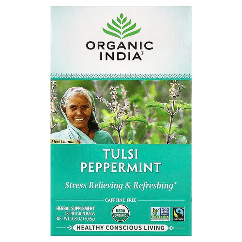 Organic India, Té de tulsí y menta, Sin cafeína, 18 bolsitas para infusión, 30,6 g (1,08 oz)