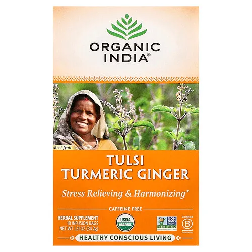 Organic India, Té de tulsí, cúrcuma y jengibre, Sin cafeína, 18 bolsitas para infusión, 34,2 g (1,21 oz)
